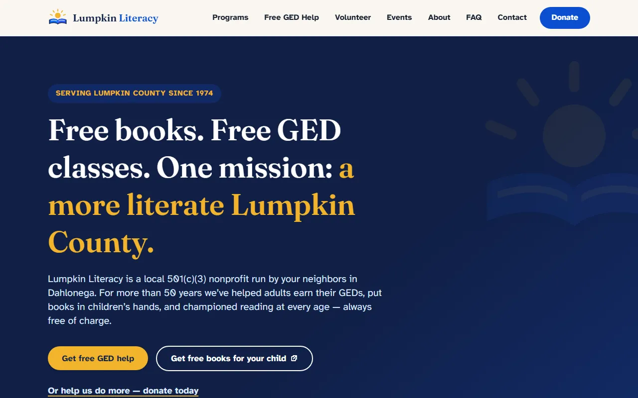 Homepage of the Lumpkin Literacy example site