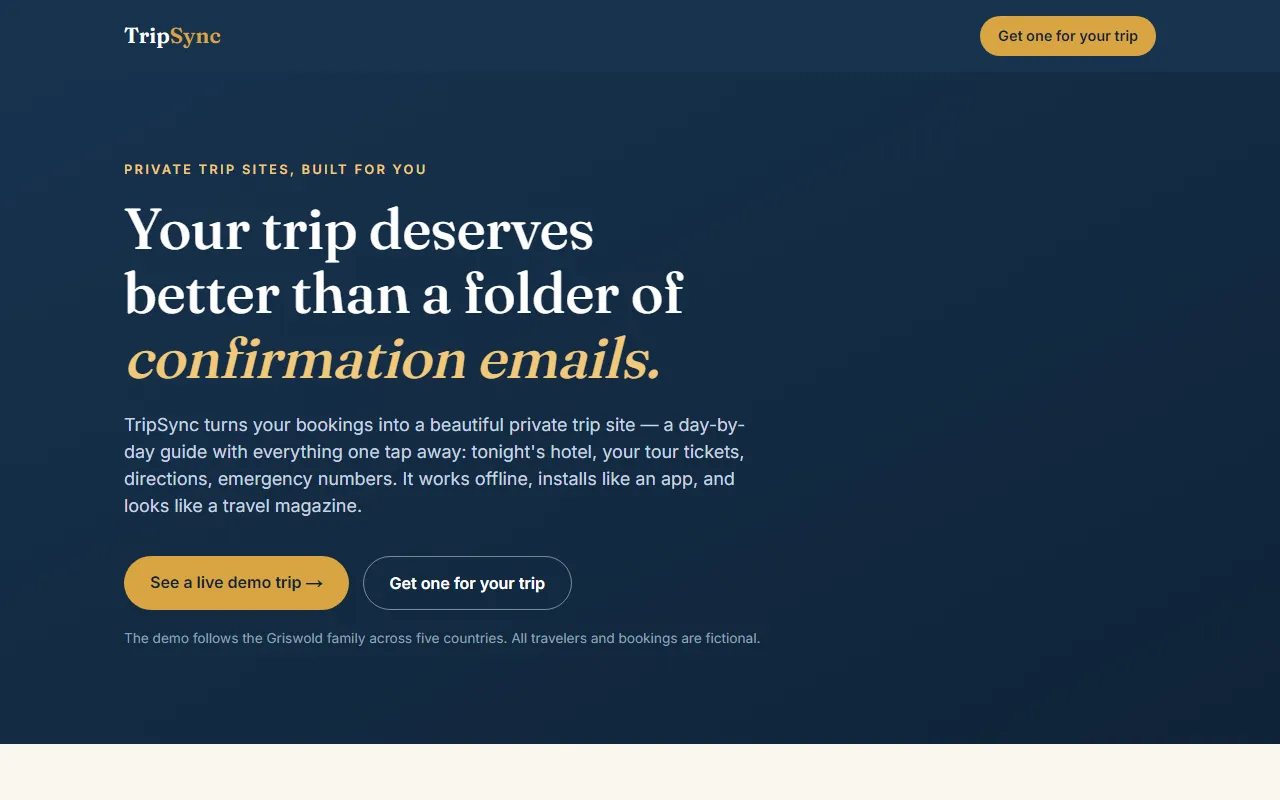 TripSync landing page: a private day-by-day trip site product